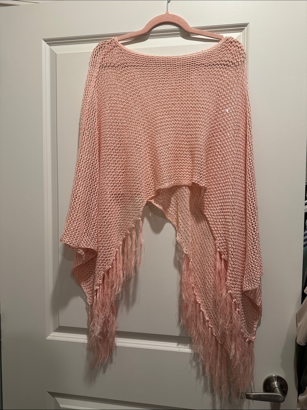 Light Pink Knit Fringe Poncho Sweater